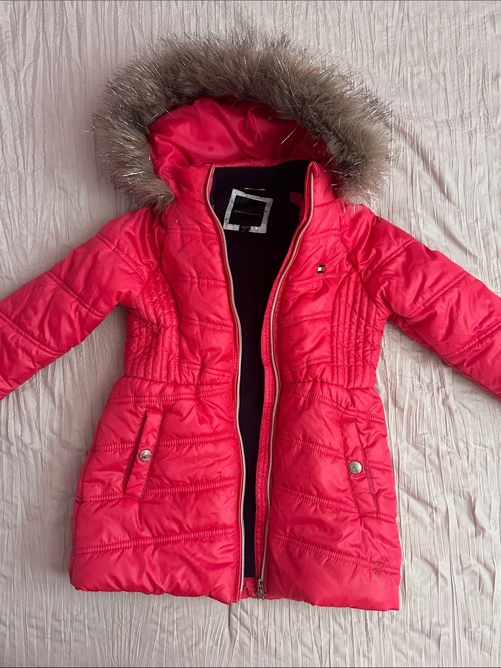 Tommy Hilfiger Girls' Hot Pink Quilted Puffer Jacket with Faux Fur Hood